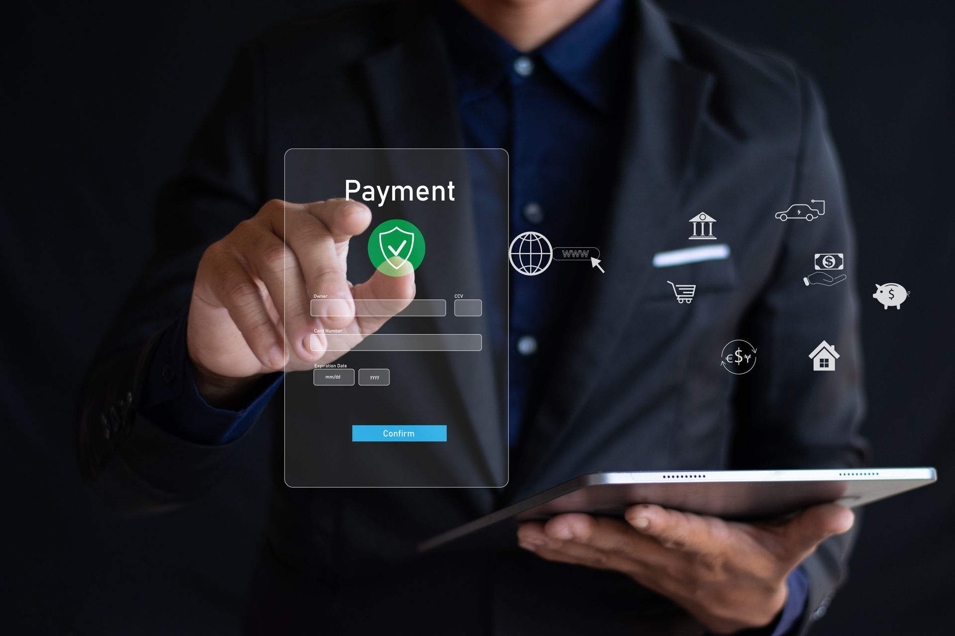 Person using a tablet, interacting with a holographic payment interface. Person using a tablet, interacting with a holographic payment interface.