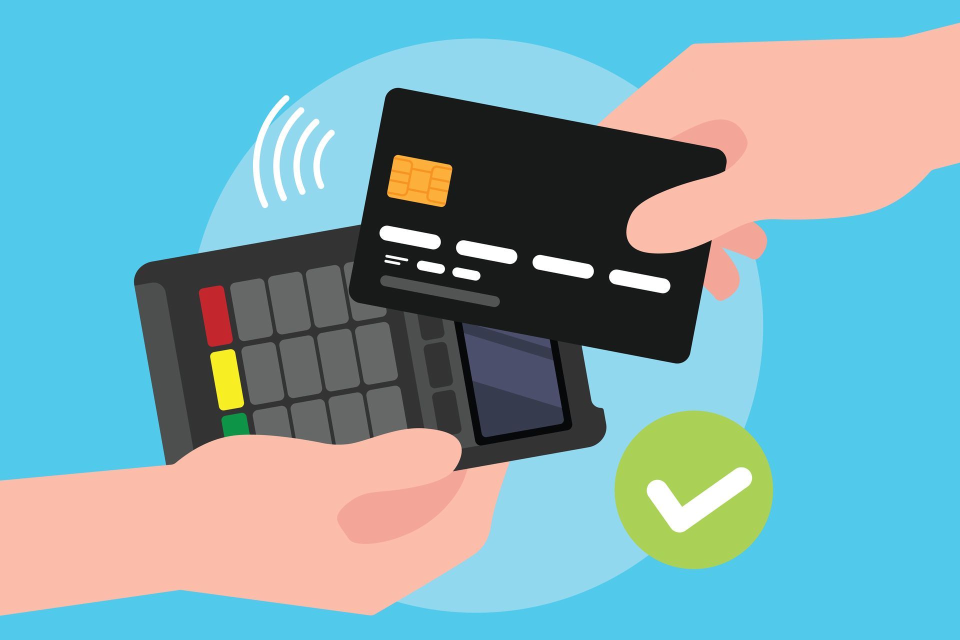 Person paying with a credit card at a point-of-sale terminal. A checkmark indicates a successful transaction. Person paying with a credit card at a point-of-sale terminal. A checkmark indicates a successful transaction.