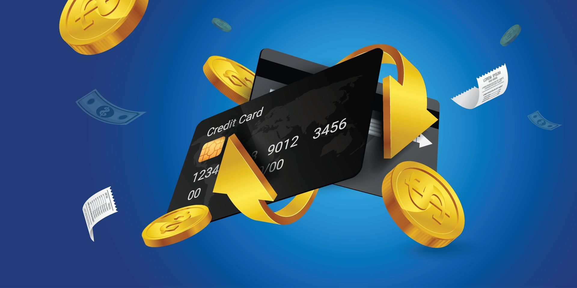 Credit cards with golden arrows, coins, and bills on a blue background, symbolizing financial transactions. Credit cards with golden arrows, coins, and bills on a blue background, symbolizing financial transactions.