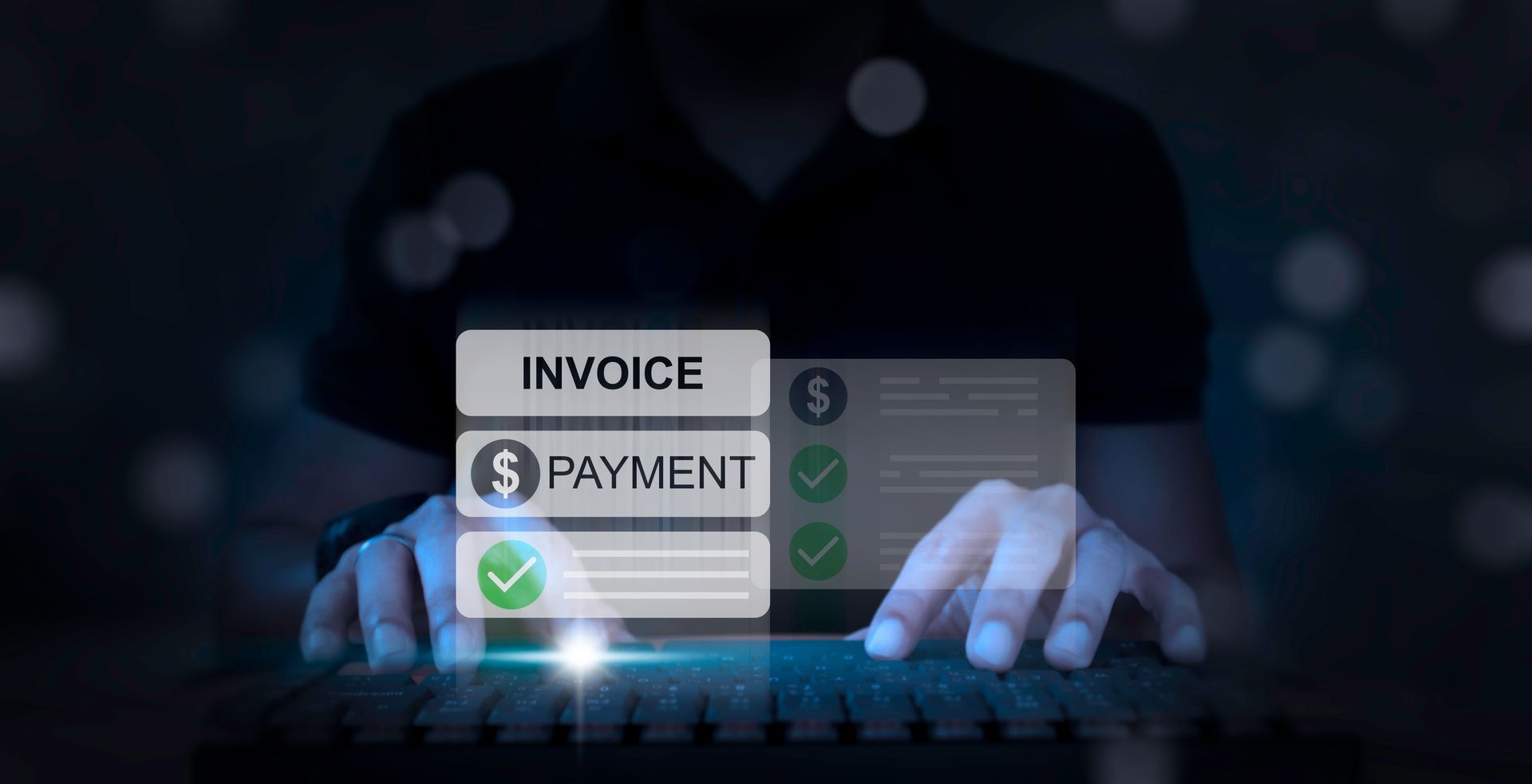 Hands typing on keyboard, with digital invoice and payment interface, completed checkmarks. Hands typing on keyboard, with digital invoice and payment interface, completed checkmarks.