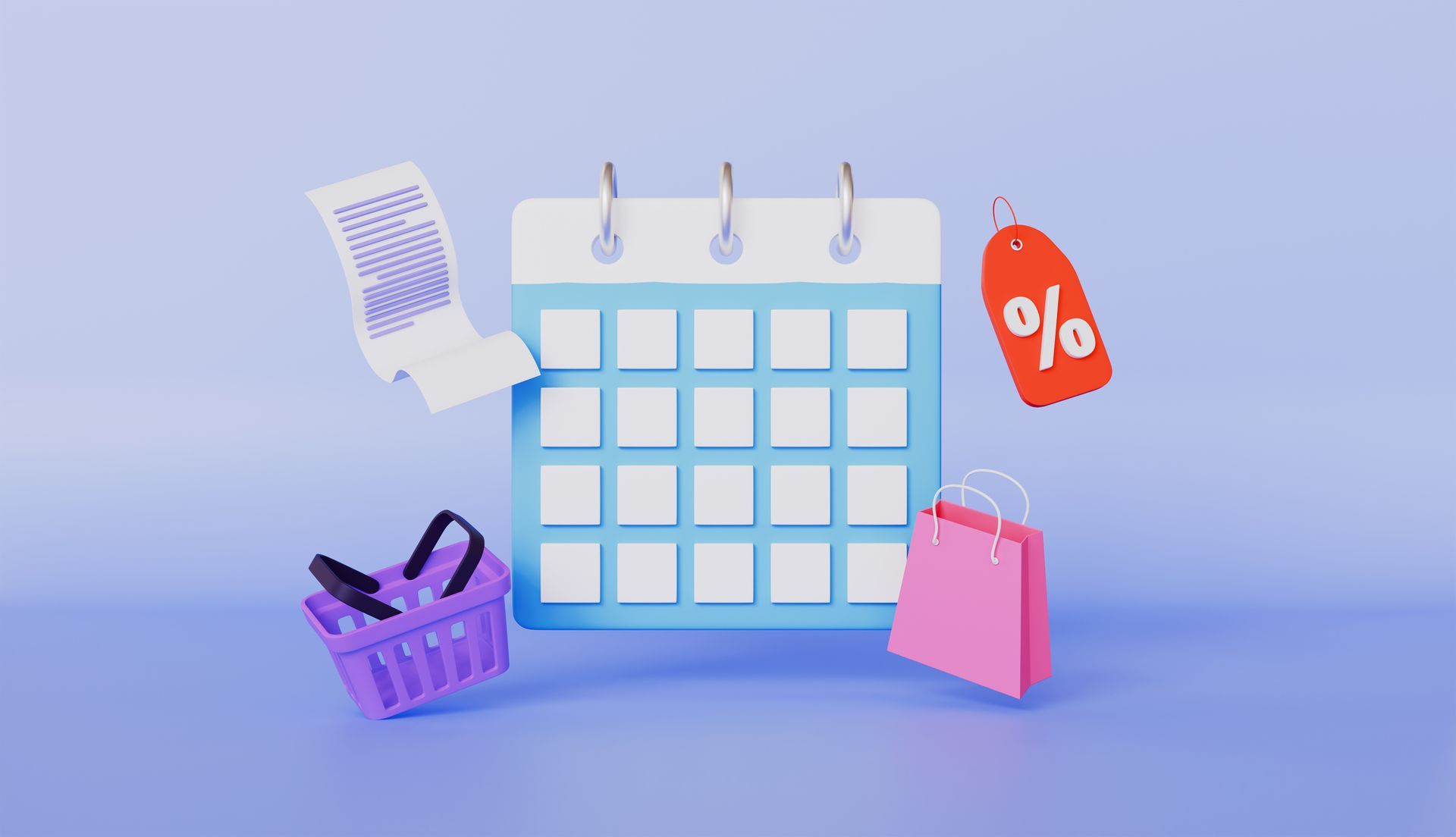Calendar with shopping basket, receipt, shopping bag and discount tag, all in pastel colors. Calendar with shopping basket, receipt, shopping bag and discount tag, all in pastel colors.