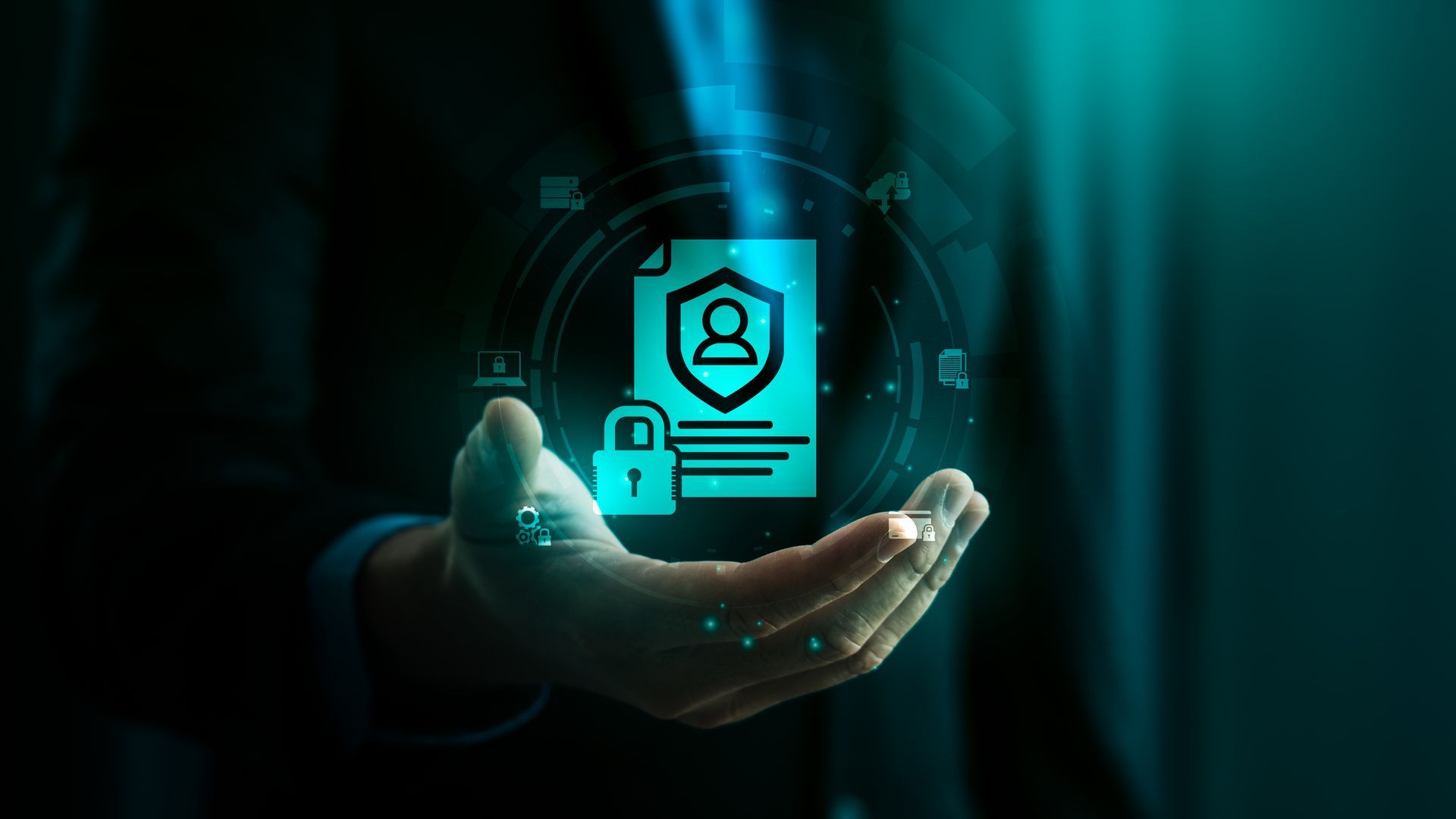 Hand holding a glowing digital document icon with a shield, lock, and person symbol. Hand holding a glowing digital document icon with a shield, lock, and person symbol.