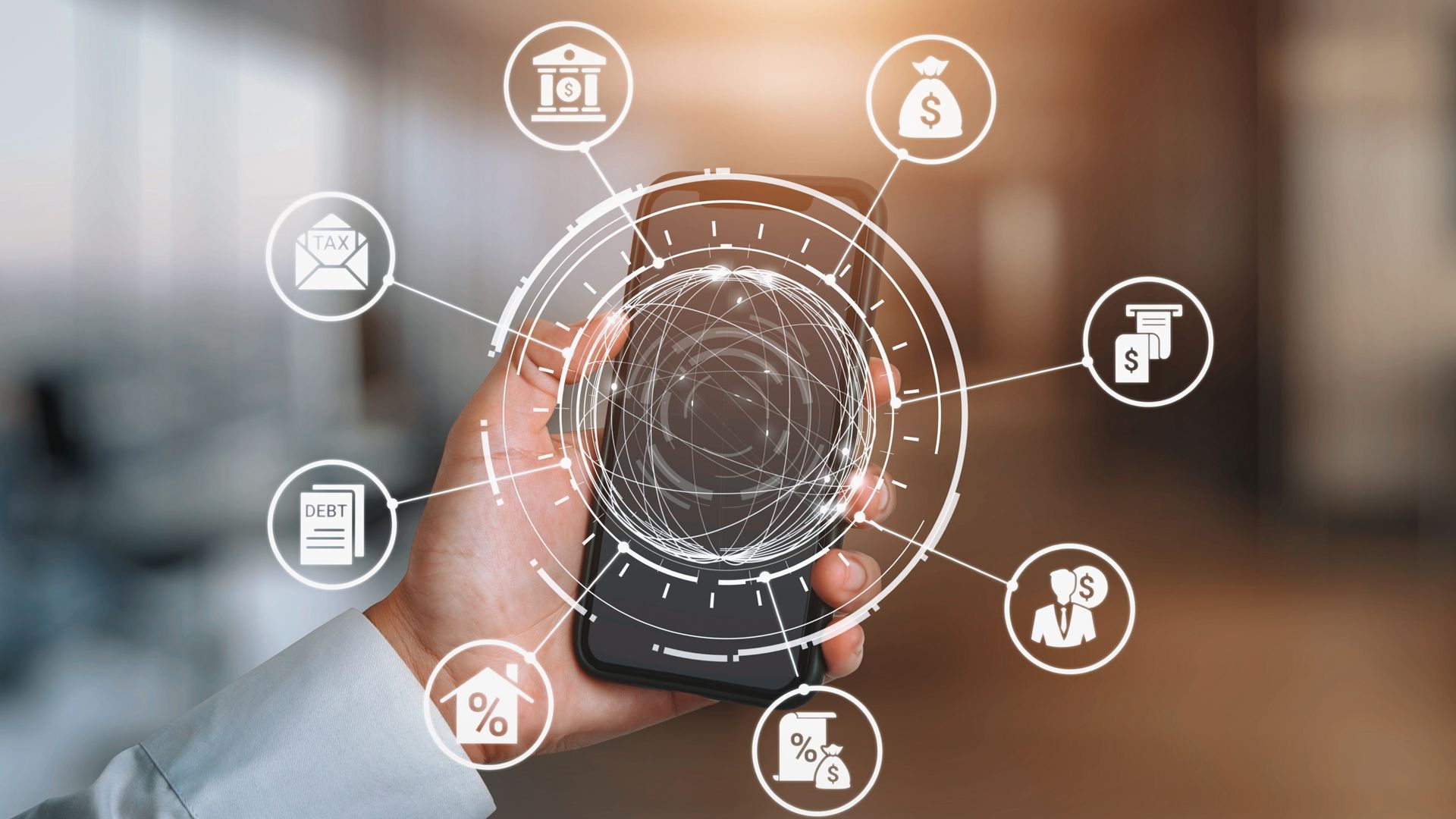 Hand holding phone with financial app icons overlaid, indicating mobile banking. Hand holding phone with financial app icons overlaid, indicating mobile banking.