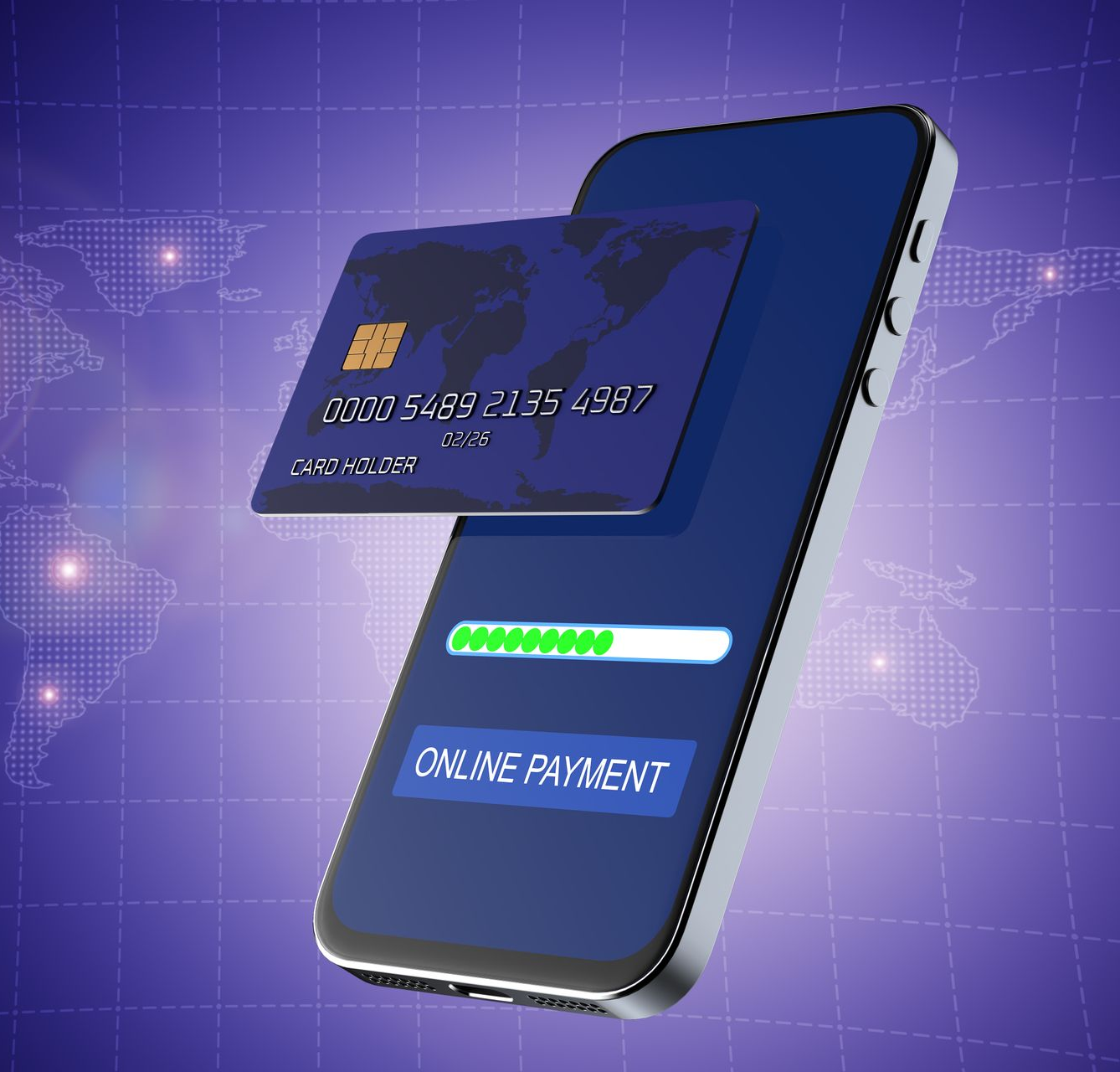 Smartphone with credit card, loading bar, and online payment button, on a blue world map background. Smartphone with credit card, loading bar, and online payment button, on a blue world map background.