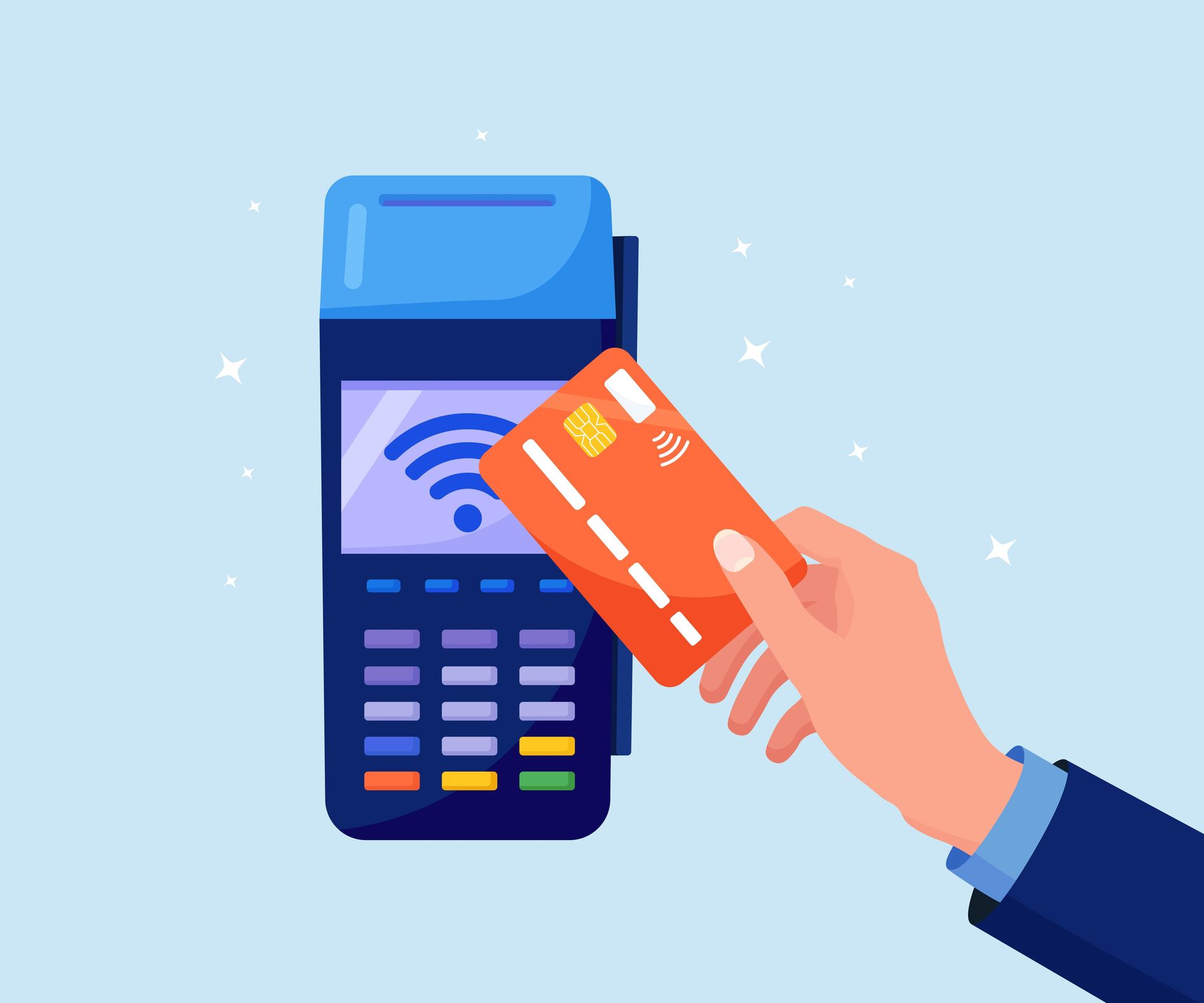 Hand holding orange credit card over a blue point-of-sale terminal with wireless symbol. Hand holding orange credit card over a blue point-of-sale terminal with wireless symbol.