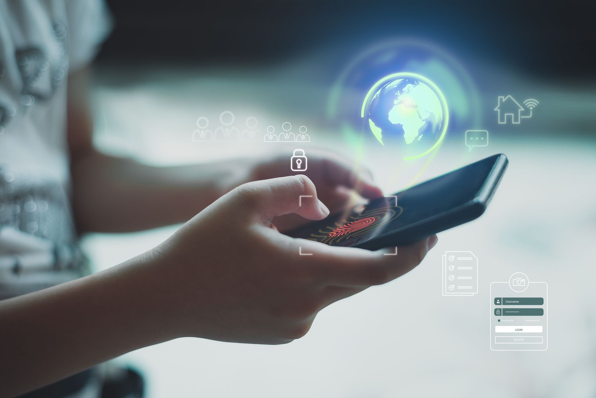 Person holding a smartphone with holographic icons of the globe, a house, and other digital elements displayed. Person holding a smartphone with holographic icons of the globe, a house, and other digital elements displayed.