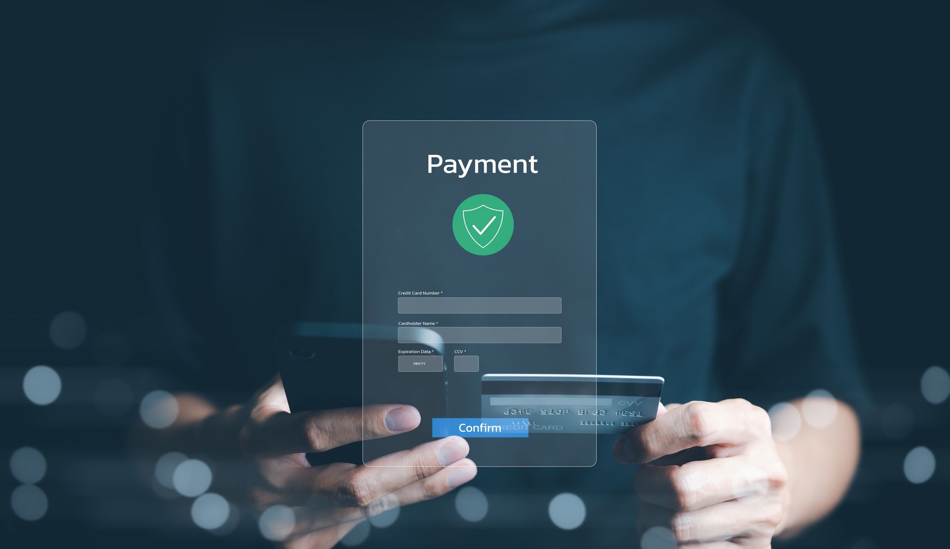 Person using a phone for mobile payment with a credit card; a payment confirmation screen is visible. Person using a phone for mobile payment with a credit card; a payment confirmation screen is visible.