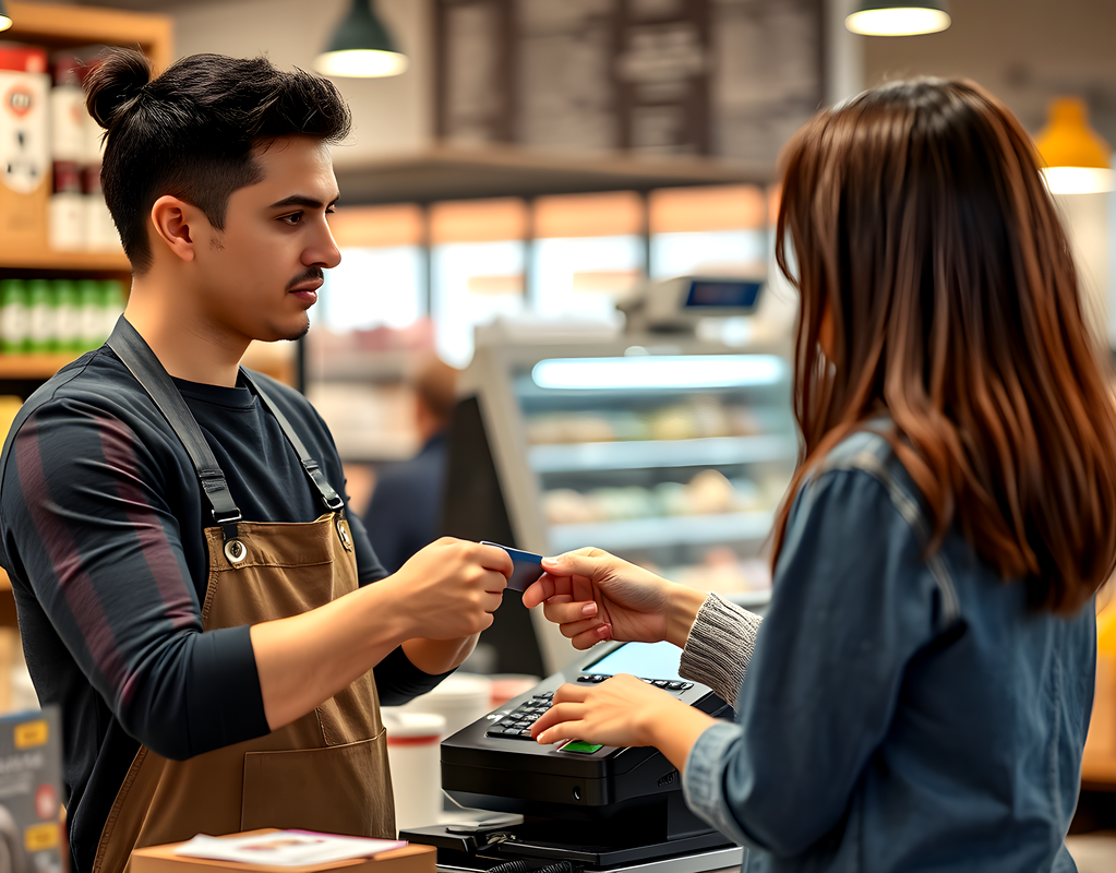Person handing a credit card to a cashier at a store checkout counter. Person handing a credit card to a cashier at a store checkout counter.