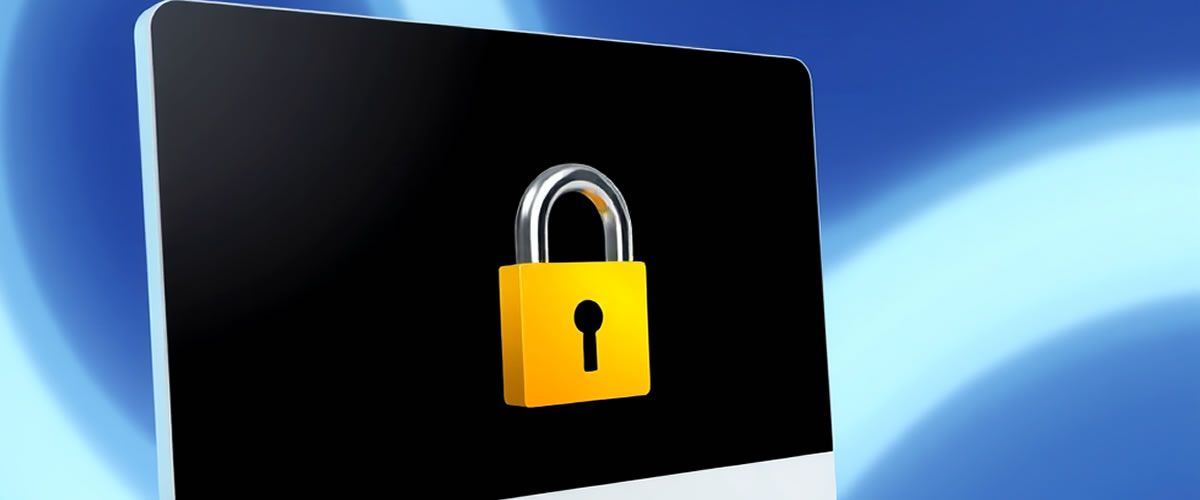Yellow padlock on a black screen, symbolizing security, against a blue background. Yellow padlock on a black screen, symbolizing security, against a blue background.
