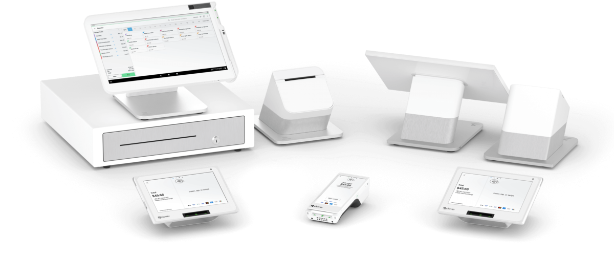 White point-of-sale system with a display, cash drawer, and card readers on a white background. White point-of-sale system with a display, cash drawer, and card readers on a white background.