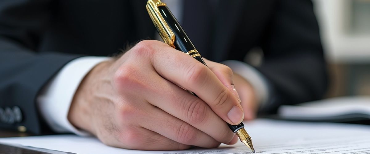 A person in a suit writes with a gold and black pen on a white document. A person in a suit writes with a gold and black pen on a white document.