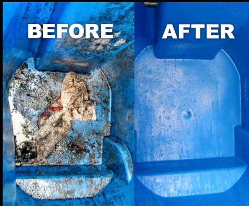 Before and after comparison of dirty to clean, sanitized, and odor free green bin.