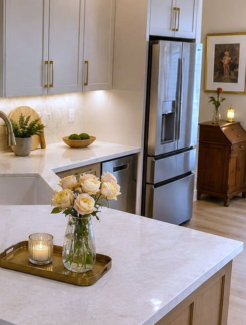 Modern kitchen with white cabinets, marble island, flowers, candle, and stainless steel refrigerator