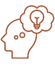 Outline of a head with a lightbulb in a thought bubble, symbolizing an idea