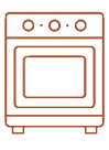 Orange line icon of a stove oven with four burners and a windowed door