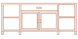 Line drawing of a wooden sideboard with two center doors, side cabinets, and short legs