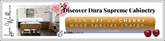 Dura Supreme cabinetry ad featuring a cherry wood kitchen and living area with floral accents and logo