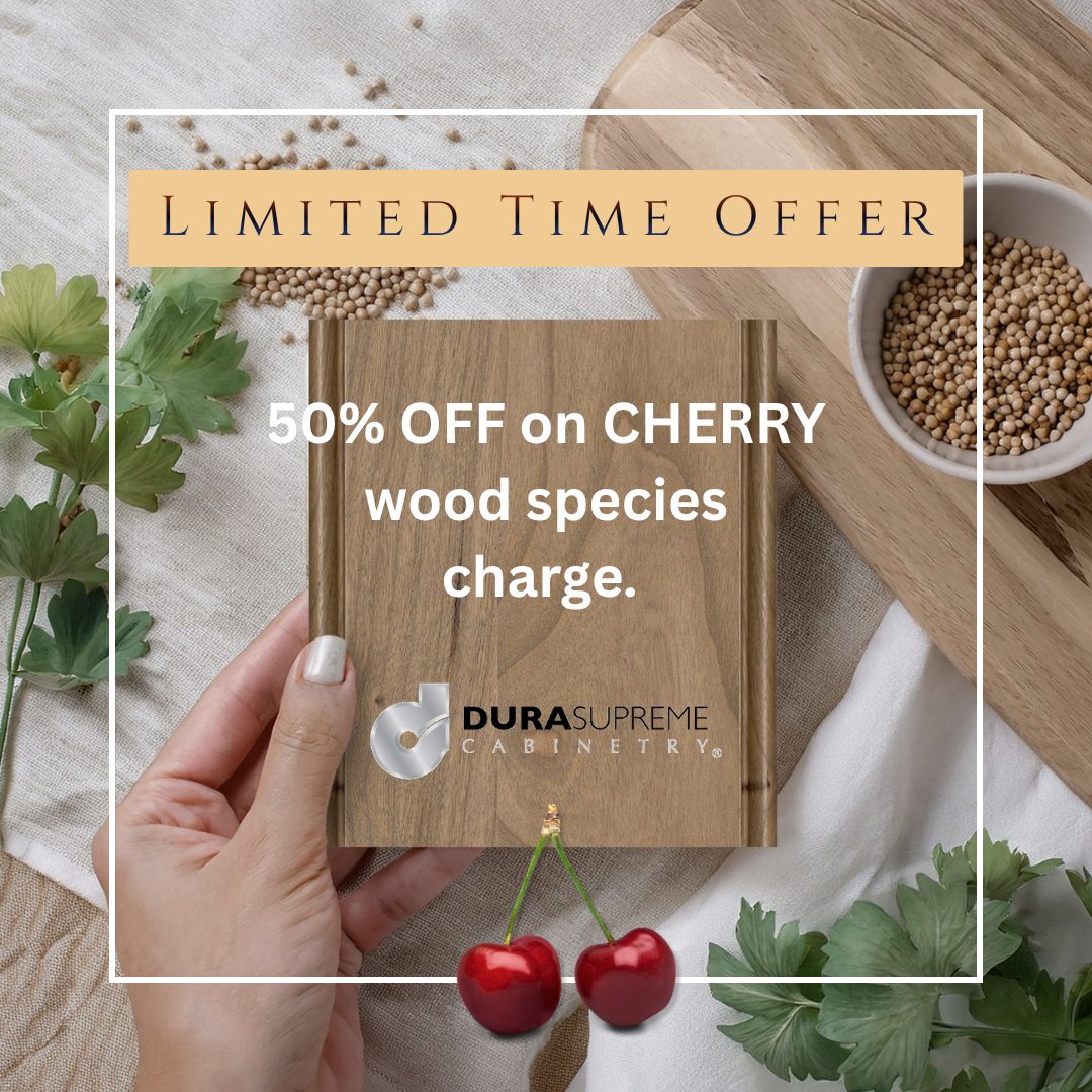Limited-time offer: 50% off cherry wood species charge, with cherries and wood sample on a rustic table.