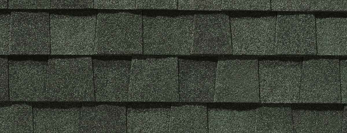 Close-up view of dark green asphalt roof shingles.