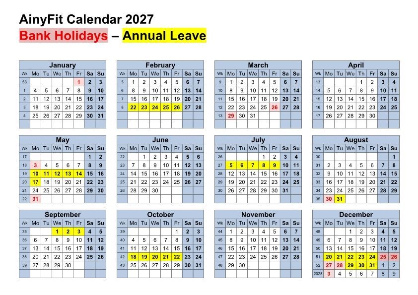 Scheduled Class Closures for AinyFit Ltd AinyFit Ltd Calendar 2026 - Scheduled Class Closures