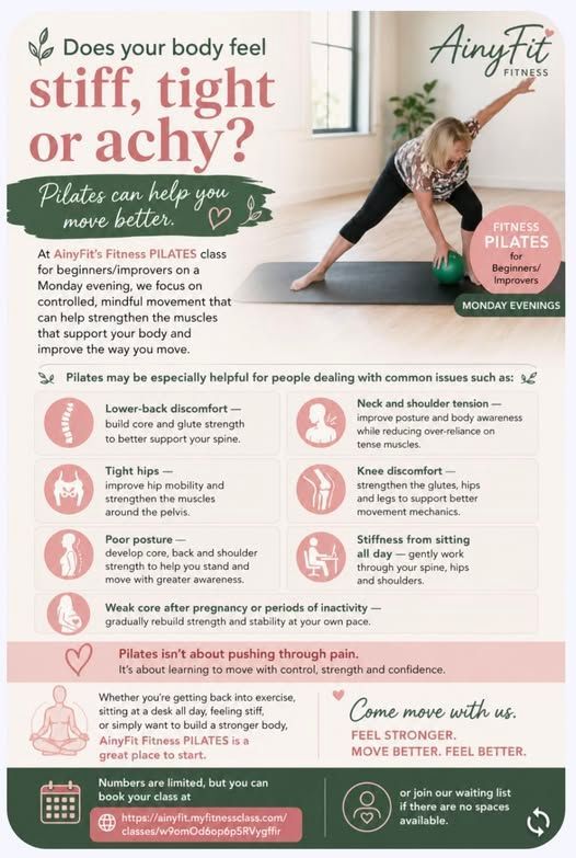 Join in with our Beginners' Fitness PILATES Class - Click Here! Does your body feel stiff, tight or achy? Why not try Fitness PILATES?