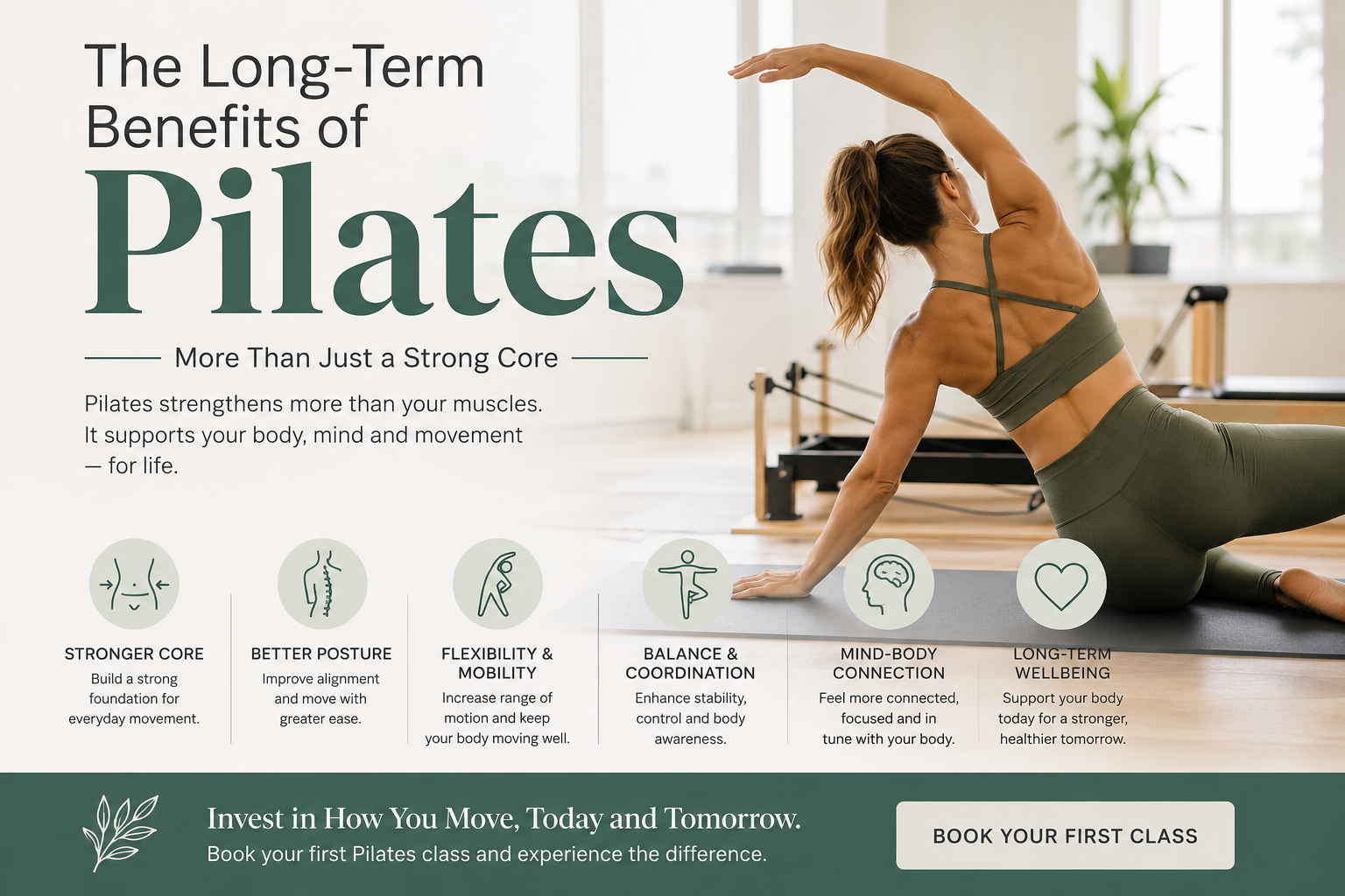 Discover the long-term benefits of Pilates, from improved core strength and posture to flexibility, 