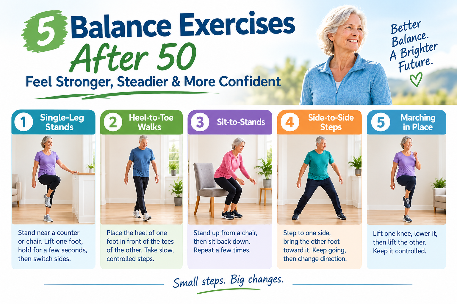 5 balance exercises after 50 including single-leg stands, heel-to-toe walks, sit to stand etc.