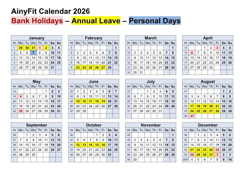 Scheduled Class Closures for AinyFit Ltd AinyFit Ltd Calendar 2026 - Scheduled Class Closures