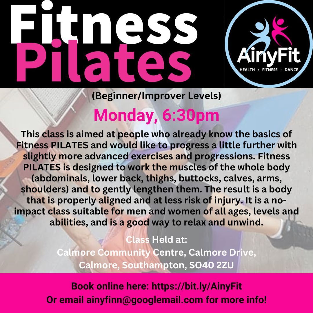 Click here to book your Fitness PILATES with AinyFit (Beginner/Improver Levels). Every Monday evening (except Bank Holidays), 6:30pm, The Forest Room, Calmore Community Centre, Calmore Drive, Calmore, Southampton, SO40 2ZU Fitness PILATES with AinyFit in Calmore (Beginner/Improver Levels).