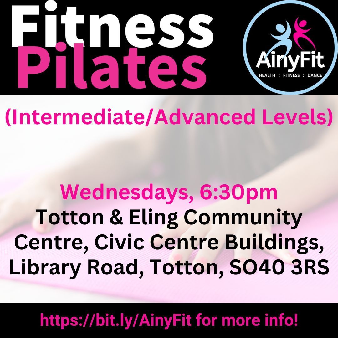 Click here to book your Fitness PILATES with AinyFit (Intermediate/Advanced Levels). Every Wednesday evening, 6:30pm, The Forest Room, Calmore Community Centre, Calmore Drive, Calmore, Southampton, SO40 2ZU Fitness PILATES with AinyFit (Intermediate/Advanced Levels). Every Wednesday evening, 6:30pm, Totton.