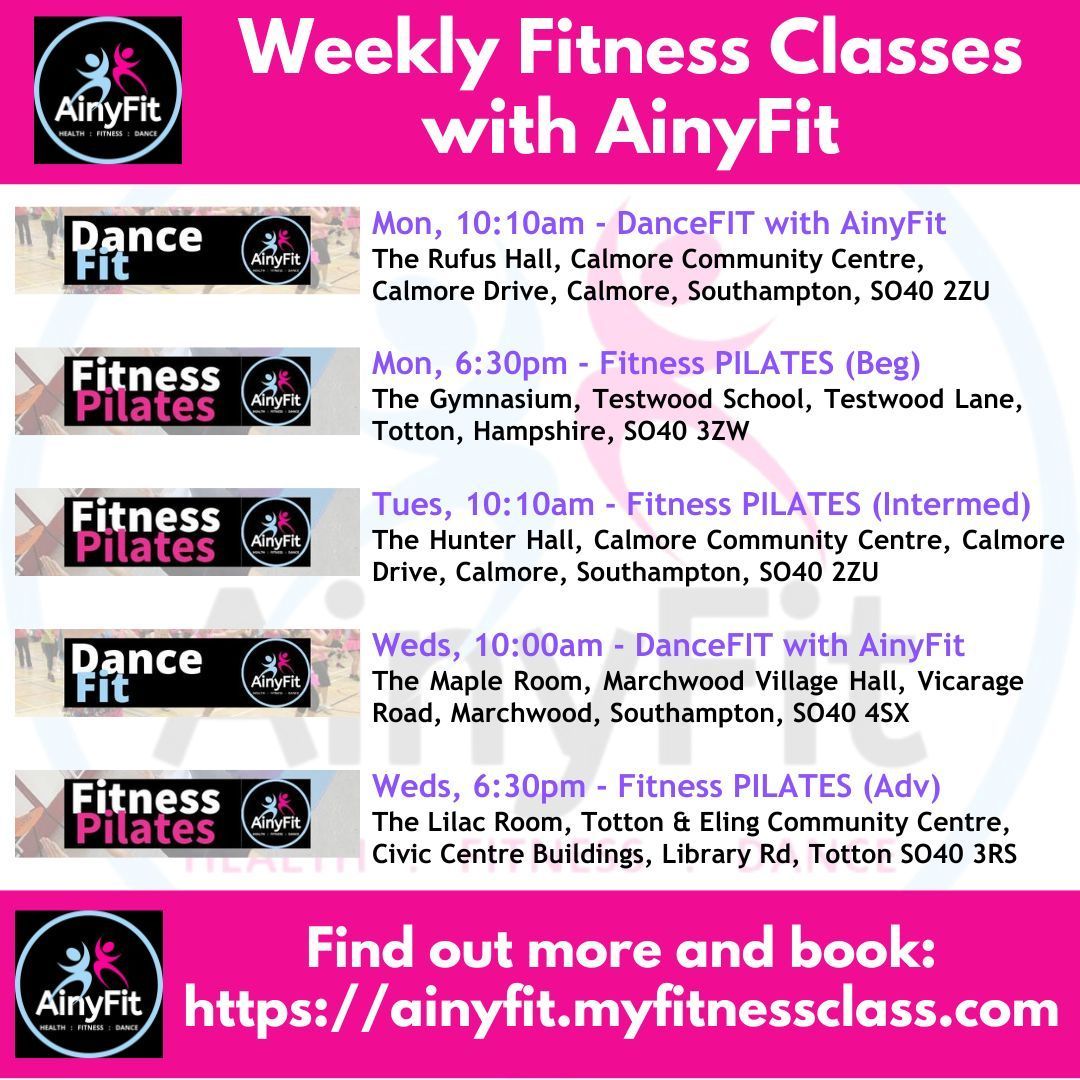 Weekly fitness classes with AinyFit Ltd - DanceFIT and Fitness PILATES classes in Totton, Calmore, Marchwood and Testwood.