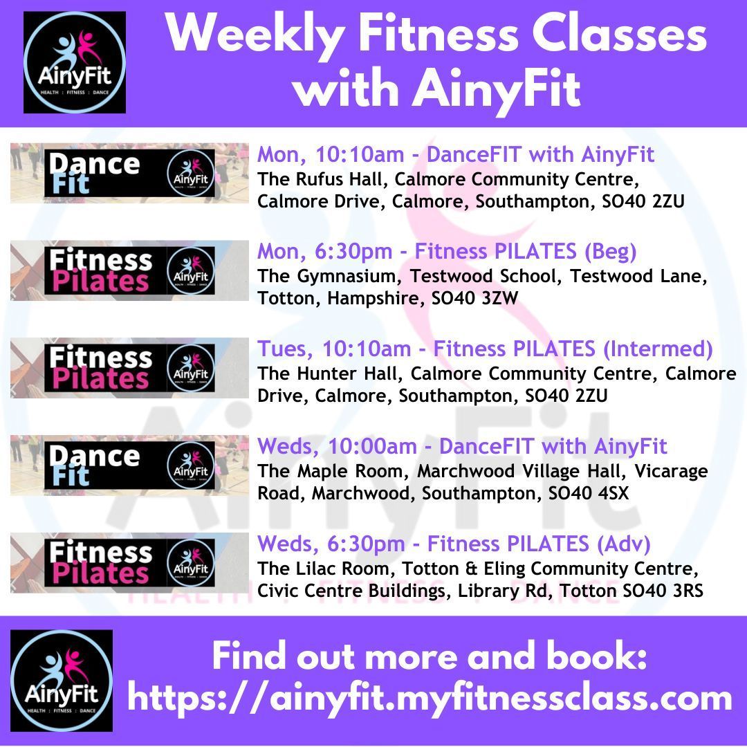 Click image to book your space in one of AinyFit's Fitness PILATES or DanceFIT Classes. AinyFit's Weekly schedule of Fitness PILATES and DanceFIT classes.