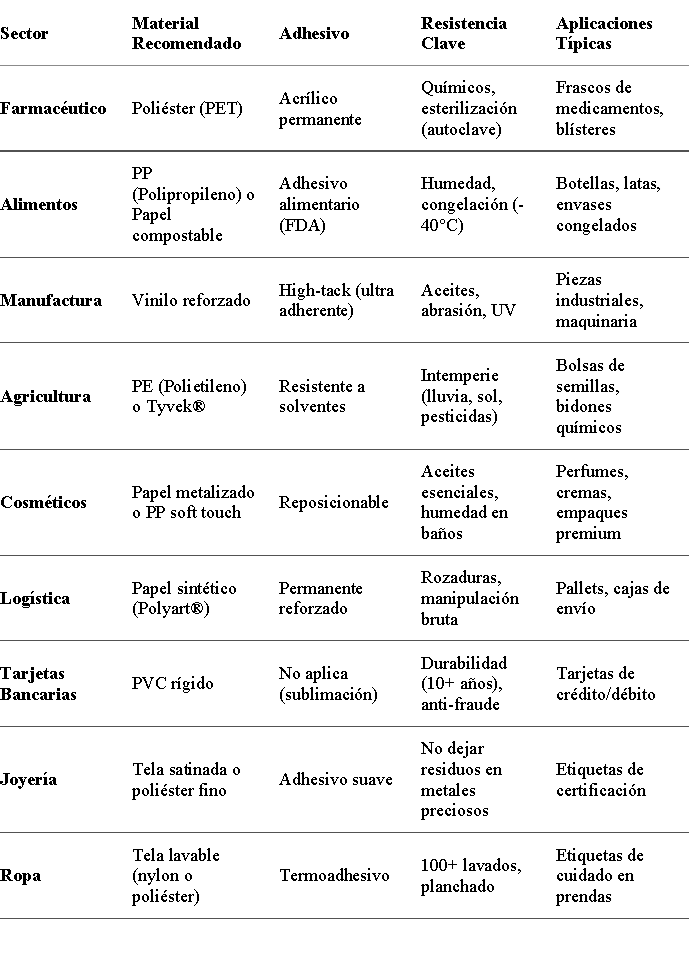 Tabla Comparativa de etiquetas adhesivas por Sector Industrial