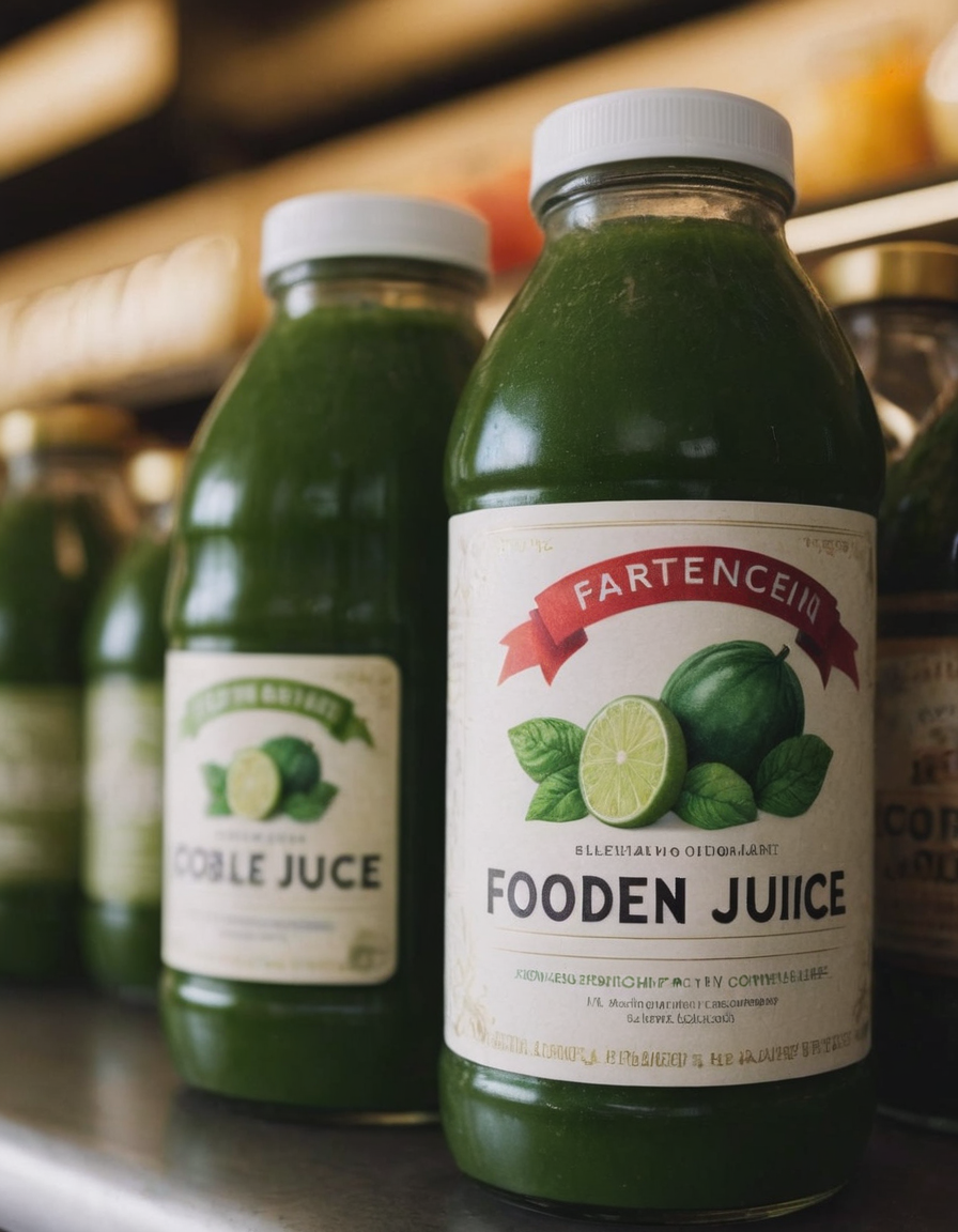 botellas de jugo verde con etiquetas