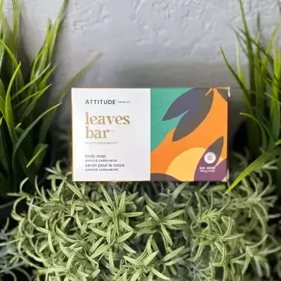A box of leaves bar soap is sitting on top of a plant.