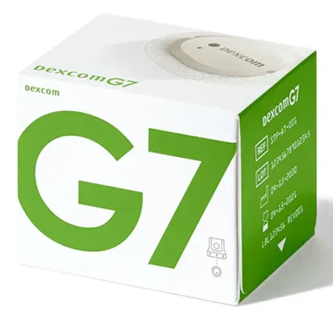 Box for Dexcom G7 continuous glucose monitor, white with green text and a sensor image.