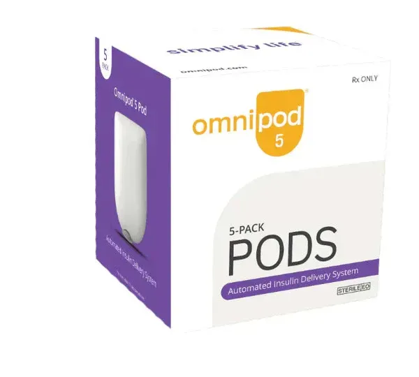 Box of Omnipod 5 insulin pump pods, white with purple accents, including a visual of a pod, and the words