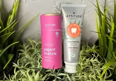 A tube of toothpaste and a tube of super leaves toothpaste are sitting on top of a plant.