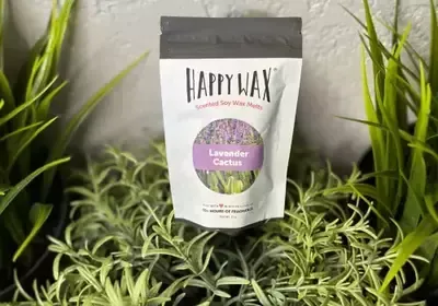 A bag of lavender wax is sitting on top of a plant.