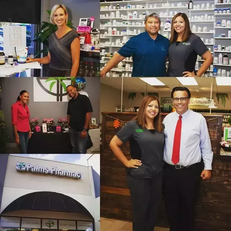 A collage of people standing in front of a palms pharmacy