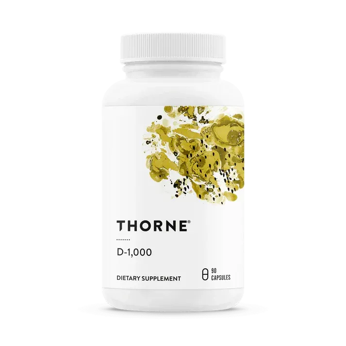 A bottle of thorne d-1,000 dietary supplement.