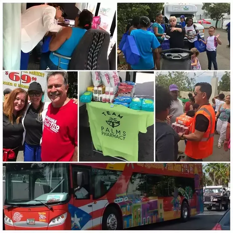 A collage of people and a bus that says palms pharmacy