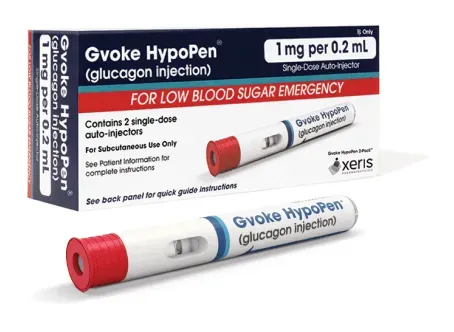 Gvoke HypoPen for low blood sugar: box and pen with red and white design, glucagon injection.