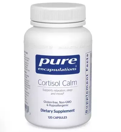 A bottle of pure encapsulations cortisol calm 120 capsules