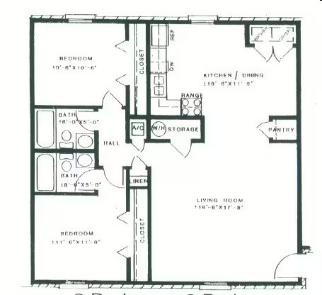 2 Bed, 1.5 Bath Apartment Floor Plan