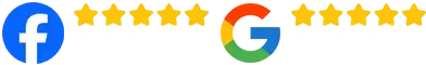 Facebook, five gold stars, and Google logos on white background