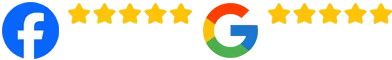 Facebook, five gold stars, and Google logos on white background