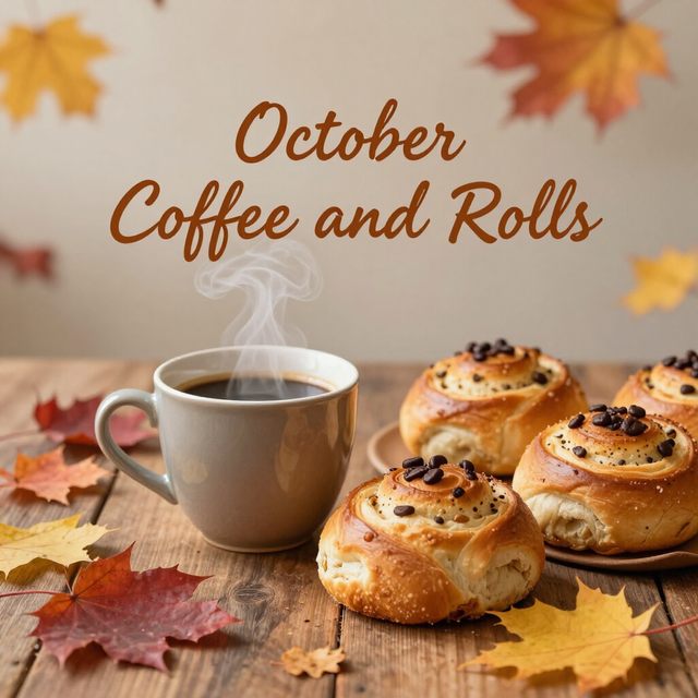 Coffee mug and three cinnamon rolls on a table with autumn leaves; text reads “October Coffee and Rolls”