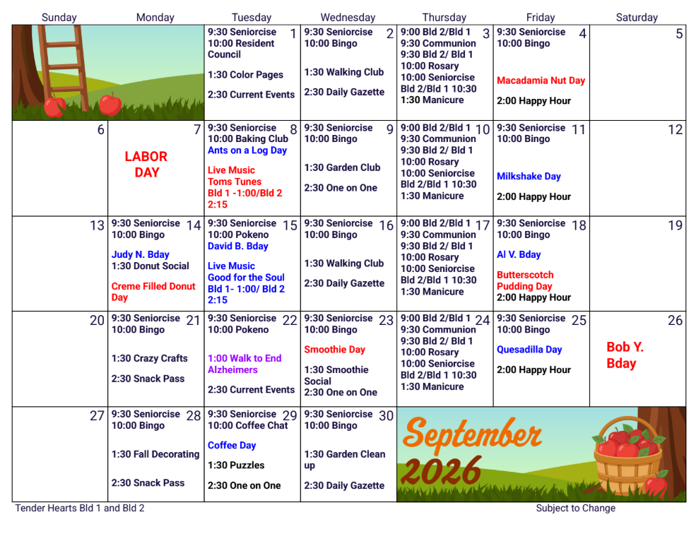 September 2026 monthly calendar with colorful notes, holidays, and a fall-themed pumpkin graphic