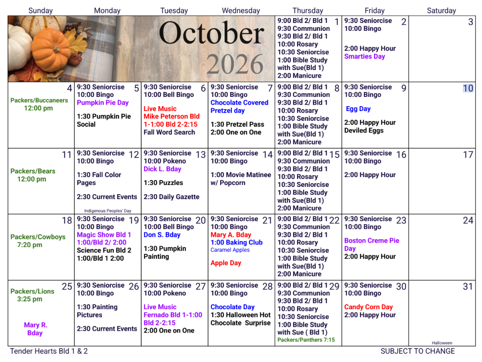 October 2026 calendar with small autumn leaf photo and color-coded daily events.